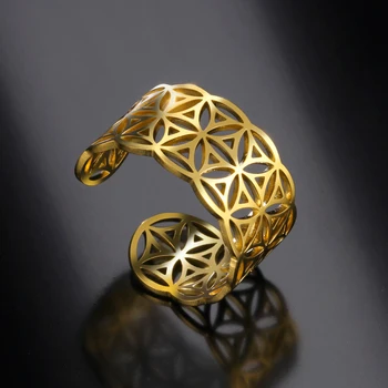 Teamer Цвете на живота пръстен за жени златен цвят от неръждаема стомана геометрична регулируема естетика отворени пръстени бижута подарък на едро