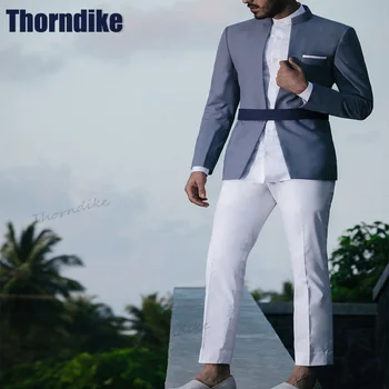 Thorndike високо качество стойка яка костюм банкет тънък сватбена рокля 2 бр мъжки социален костюм елегантни дрехи мъж (блейзър + панталони)
