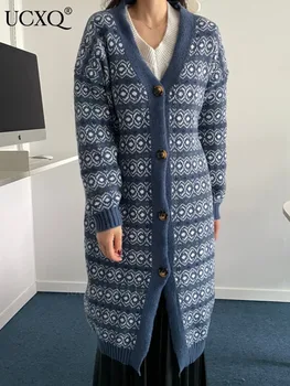 UCXQ 2023 Есен Зима Нов темперамент V-образно деколте Еднореден дълъг пуловер Жилетка за жени Случайни хлабав плетене палто женски