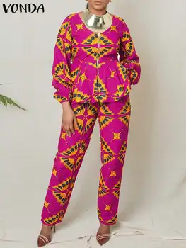 VONDA 2024 мода бохемски печатни костюми дамски панталони комплекти реколта дълъг ръкав цип отгоре и панталони случайни 2pc съвпадение комплекти