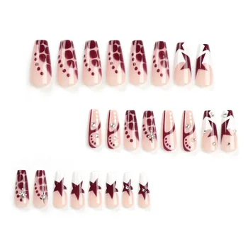 Woman Long French False Nail Full Cover Rhinestones Ballerina Artificial Nail for Daily Lives Everyday Use