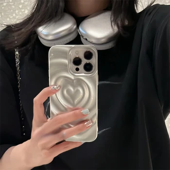 Y2K луксозен 3D сребърен калъф за телефон с любовно сърце за iPhone 14 13 12 11 Pro Max X XS XR 7 8 Plus SE 3 Удароустойчив защитен мек капак