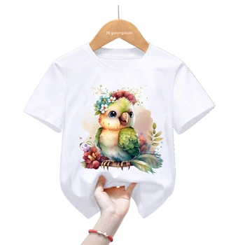 Акварел птица цветя печат тениска момичета / момчета Harajuku Kawaii детски дрехи смешно розово / бяло / жълто тениска лятна тениска