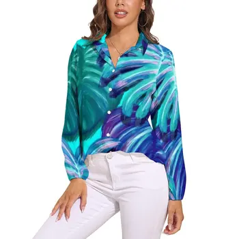 Акварел тропическа блуза дълъг ръкав Палм Спрингс неонови елегантни блузи дамски случайни извънгабаритни риза дизайн Топ подарък