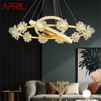 АПРИЛ Златни луксозни полилеи светлина модерен кристал LED месинг висулка лампа цвете дома тела за хол