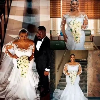 африкански Плюс размер сватбени рокли русалка булчинска рокля лъжичка врата дълги ръкави кристали дантела апликация по поръчка поръчкови почистване влак