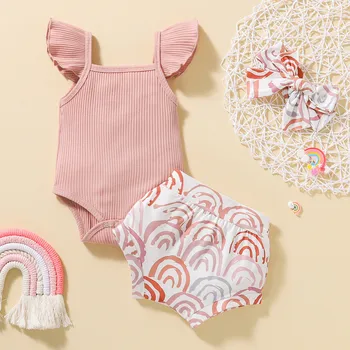 Бебе момиче летни дрехи комплект мода новородено бебе плетене памук къдри гащеризон шорти лък лента за глава 3бр за малки деца екипировки