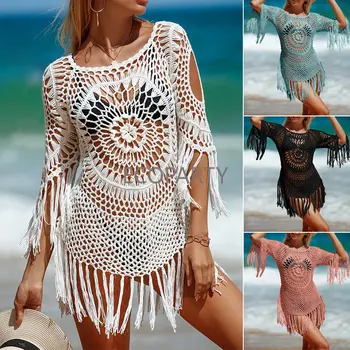 Бяло плетене на една кука бикини покриване с ресни подстригване жени секси кухи навън плаж бански рокля 2023 Летен бански костюм Плажно облекло