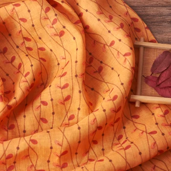 Висококачествен естествен Ramie tissus Елегантен оранжев печат на тръстика пачуърк Висок клас тънки летни рокли плат