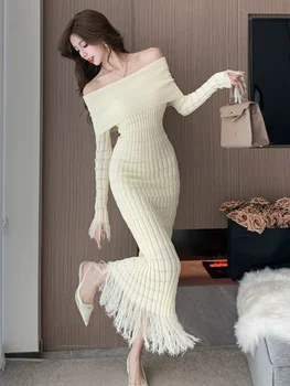 Висококачествена секси рокля за жени през есента и зимата, нов нишов дизайн, пискюл шевове, тънка плетена дълга пола