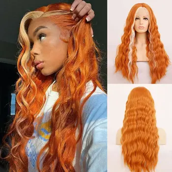  Висококачествена синтетична коса водна вълна дантела предни перуки подчертават руса коса огън стил безплатна част за красота жени