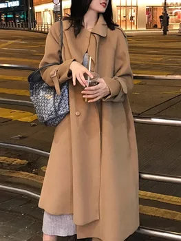 Вълнено палто жени зимни удебелени топло дълго яке женски корейски мода хлабав палто случайни ревера двойно гърди връхни дрехи