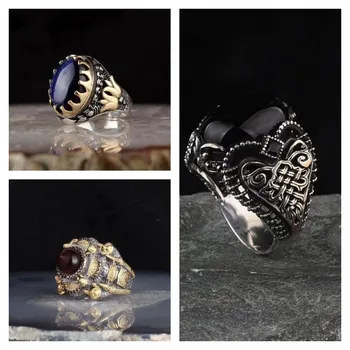 Горещи продажба нов галванични двоен цвят мъжки ретро инкрустирани черен скъпоценен камък бизнес персонализирани мъжки пръстен