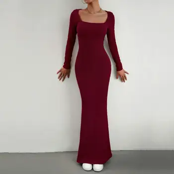 Дамски 2023 Есен супер дълга тясна рокля дълъг ръкав квадратно деколте дълго годни русалка рокля