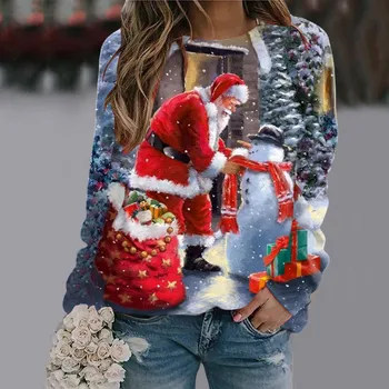 Дамски есенни дрехи забавно Коледа Дядо Коледа дърво снежинка лосове печат без качулка суитчър корейски мода хлабав пуловери