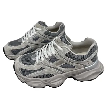 Дамски маратонки Flats платформа обувки пачуърк дебело дъно естествена кожа кръг Toe случайни дамски дамски обувки платформа обувки