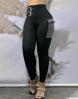 Дамски модни панталони 2023 Зимни нови тесни джобни дизайн Двоен колан Eyelet Rhinestone Дамско облекло Панталони с висока талия