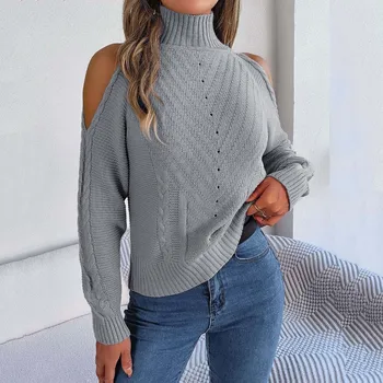 Дамски нов стил пуловери с поло случайни сиви студени рамо дълъг ръкав пуловер за есен зима 2024