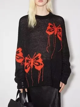 Дамски плетен пуловер 2023 Нова пеперуда модел кръгло деколте хлабав случаен дълъг ръкав джъмпер