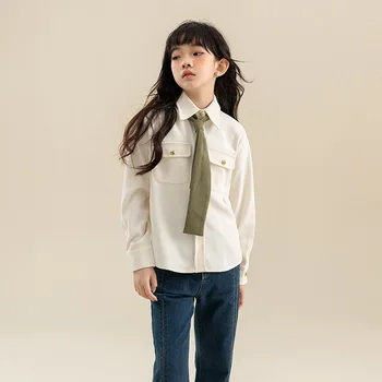 Детско момиче 8 10 12 години Елегантна мода вратовръзка ризи бежов цвят метален бутон блуза 2023 пролет тийнейджър момиче дрехи