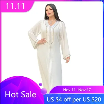 Дубай Abaya рокля комплект за жени Eid 2024 бял V врата дълъг ръкав Jalabiya мода мюсюлмански турски арабски дрехи + жилетка