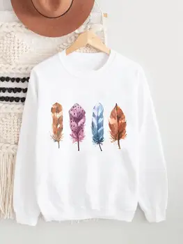 Дълъг ръкав руно печат пуловери мода облекло перо сладък тенденция 90s пролет есен зима жени графични суичъри