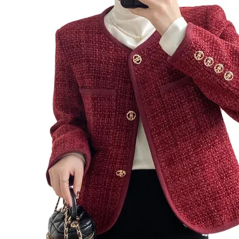 Елегантни жени О-образно деколте джобно яке дълъг ръкав бутон изрязано яке 2023 есен женски червени модни къси палта