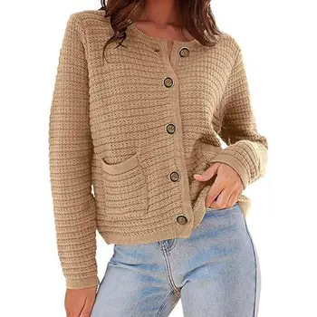 Есен жени жилетка пуловер Топ еднореден плътен цвят дълъг ръкав кръг врата плета пътуват реколта джобове дама яке