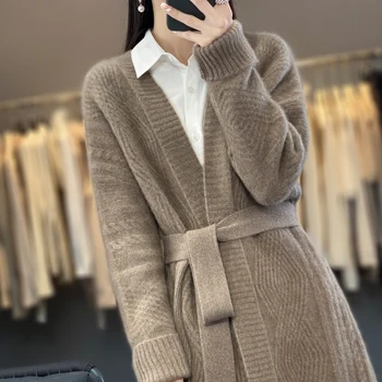 Есен и зима Нова 100% чиста вълнена жилетка Дамски дълги хлабави дебели плетени усукани кашмир пуловер мързеливо палто
