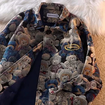 Есенна и зимна мода Ежедневни сладки мечка печат ревера яке за мъже и жени едноредно яке 2022 Ново дамско облекло