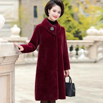 Жените зимни дълго яке високо качество дебела имитация норка кашмир палто средна възраст майка плета пуловер жилетка Woo палто