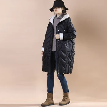 Зимни нови дълги жени надолу памук контраст палто дебел памук палто хлабав и топла мода дамски сняг палто жените яке