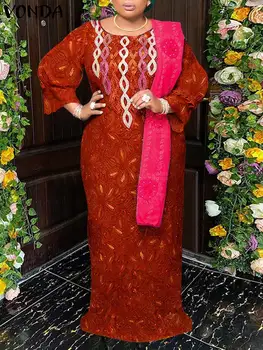 Извънгабаритни Макси Вестидос 2024 VONDA жени печатни рокля бохемски Sundress есен O-образно деколте 3/4 ръкав случайни хлабав парти дълъг халат