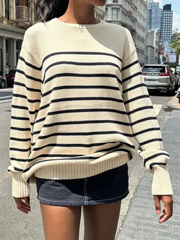 Класически райета хлабав жена пуловери есента кръг врата дълъг ръкав памук пуловер пуловер улично облекло Preppy стил Y2k пуловери