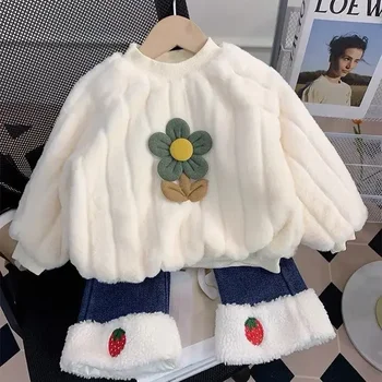 Комплект есен и зима за момичета 2023 Нови момичета модерен зимен кадифен пуловер Детски дънки Комплект от две части Модни дрехи