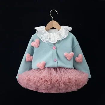 Корейски детски комплект бебешки момичета костюм есен нов дълъг ръкав детски пуловер + пола комплект момиче прекрасен печат плисирана пола W-S1032