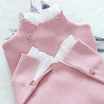 корейски пачуърк топъл пуловер жени елегантен дълъг ръкав тънък поло трикотажни розови върхове шик волан пуловер фалшиви 2 парчета