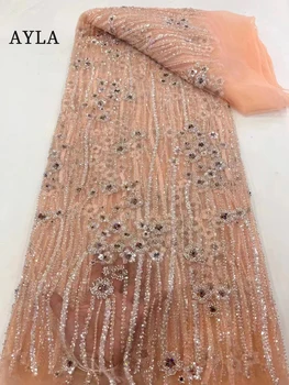 Луксозен ръчно изработен формован плат с кристали Качество на френските дантелени тъкани 2023 Шевни материали за парти вечерна рокля 5 ярда