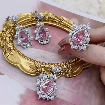 Луксозна розова капчица циркон обеци колиета пръстени за жени булката бижута комплект аксесоари мода елегантен реколта сватбен подарък