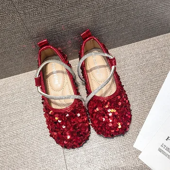 Луксозни момичета обувки Детски пайети Принцеса обувки Модни балетни апартаменти Мека подметка Мери Джейн обувки Rhinestone парти Сватба Детски обувки