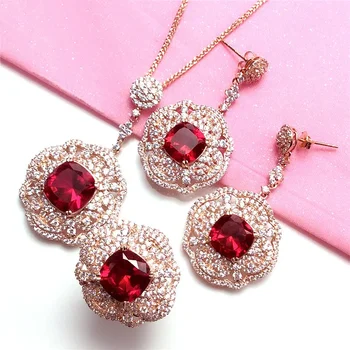 Луксозни червени скъпоценни камъни цвете бижута комплекти 585 лилаво позлатено 14K розово злато класически дворец стил висулка пръстен обеци за жени