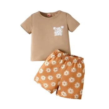 Малки момчета 2 части тоалети писмо печат къс ръкав тениска и слънце печат еластични шорти летни дрехи комплект