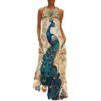 Мода Дамска дълга рокля Лятна арабеска паунПринт Вечерна рокляЕжедневниДамско облекло