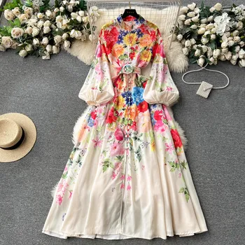 Моден дизайнер 2024 пролет лято жени печат реколта Palce стил стойка яка фенер ръкав Holiday Beach Boho Макси рокля
