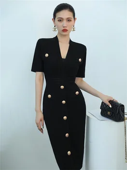 Модна дизайнерска лятна рокля жени 2023 Ежедневни плетени рокли с къс ръкав с V-образно деколте Бели черни розови вестидос де фиеста елегантес