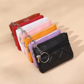 Модни карета PU кожена монета чанта джоб съхранение ключ чанта портфейл ключодържател тънък мини двоен слой с ключодържател монета торбичка