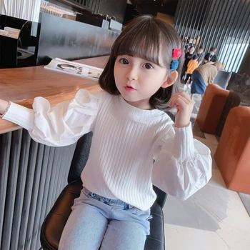 Момиче балон ръкав тениска 2023 есен нови деца модерен дълъг ръкав бяла тениска корейски издание изходящи трикотаж