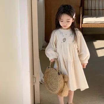 Момичета ежедневни рокли 2024 пролет есен бебе бродерия детски дрехи дълъг ръкав принцеса корейски дълга пола