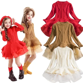 момичета зимна рокля плетени дълги ръкави детски рокли за момичета Нова година червени дрехи Коледно парти деца принцеса костюм