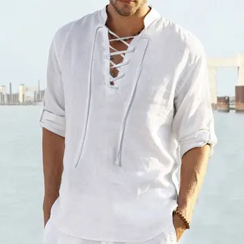 Мъжки ризи с дълъг ръкав плътен цвят шнур стойка яка плаж празник върховете пролет лято ежедневни дрехи